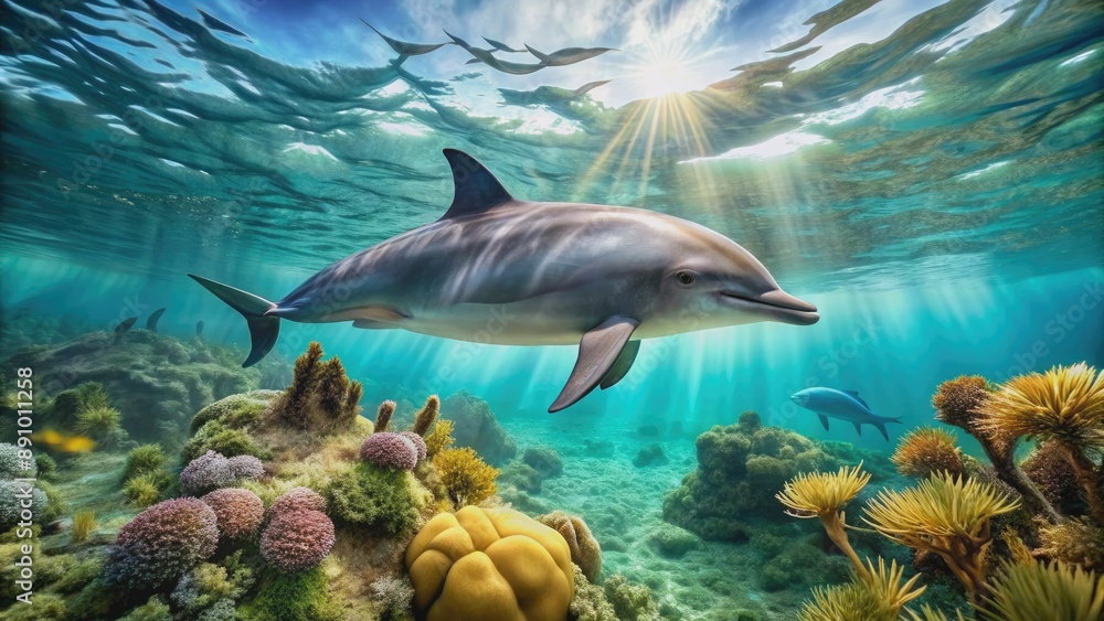 A majestic dolphin swims elegantly through turquoise coral reef waters, its sleek grey body glistening in the sunlight, creating a serene oceanic atmosphere. A majestic dolphin swims elegantly through turquoise coral reef waters, its sleek grey body glistening in the sunlight, creating a serene oceanic atmosphere.