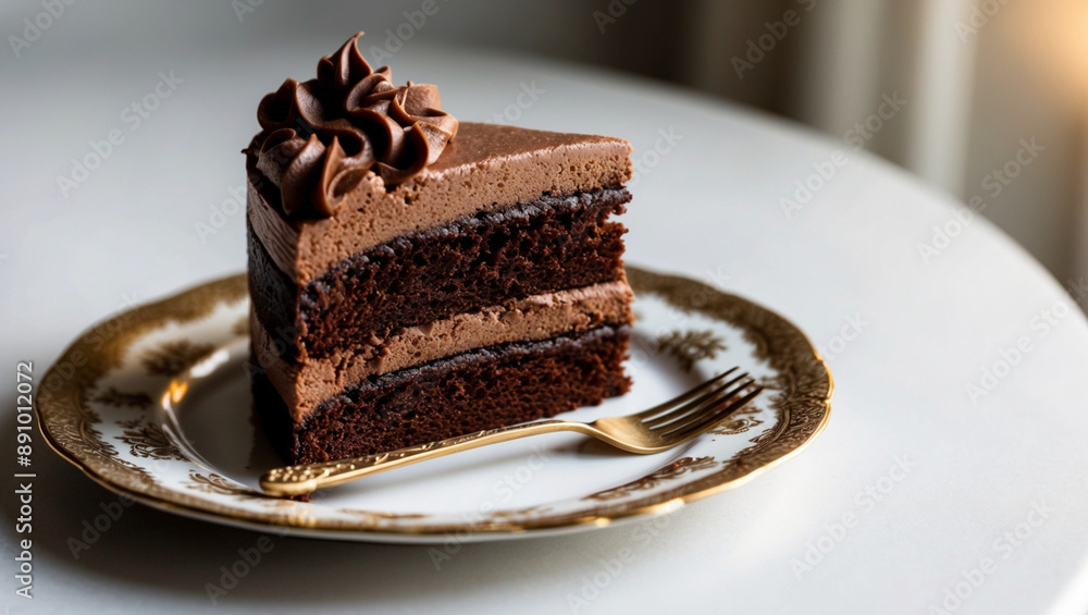 A Slice of Chocolate Fudge Cake with Fudge Frosting on an Ornate Plate A Slice of Chocolate Fudge Cake with Fudge Frosting on an Ornate Plate