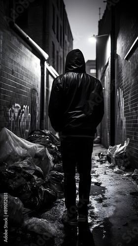 Dark Urban Alleyway Roaming Hooded Criminal Carrying Stolen Goods