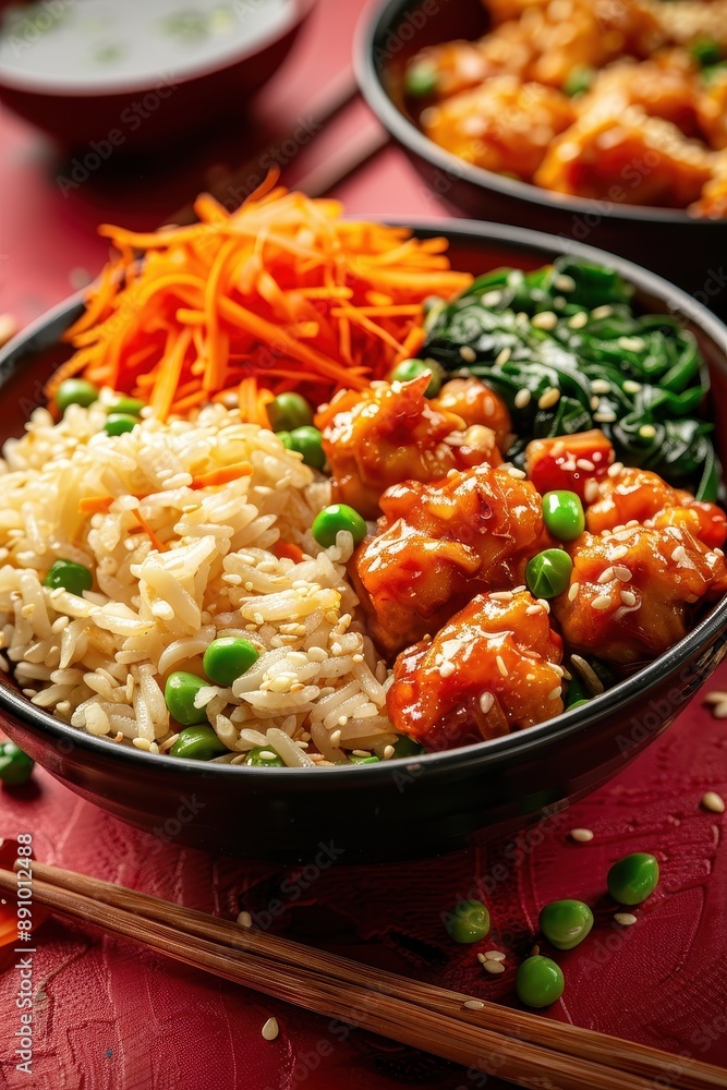 A plate of food with shrimp and tomatoes on a red background. The plate is surrounded by various utensils and bowls A plate of food with shrimp and tomatoes on a red background. The plate is surrounded by various utensils and bowls