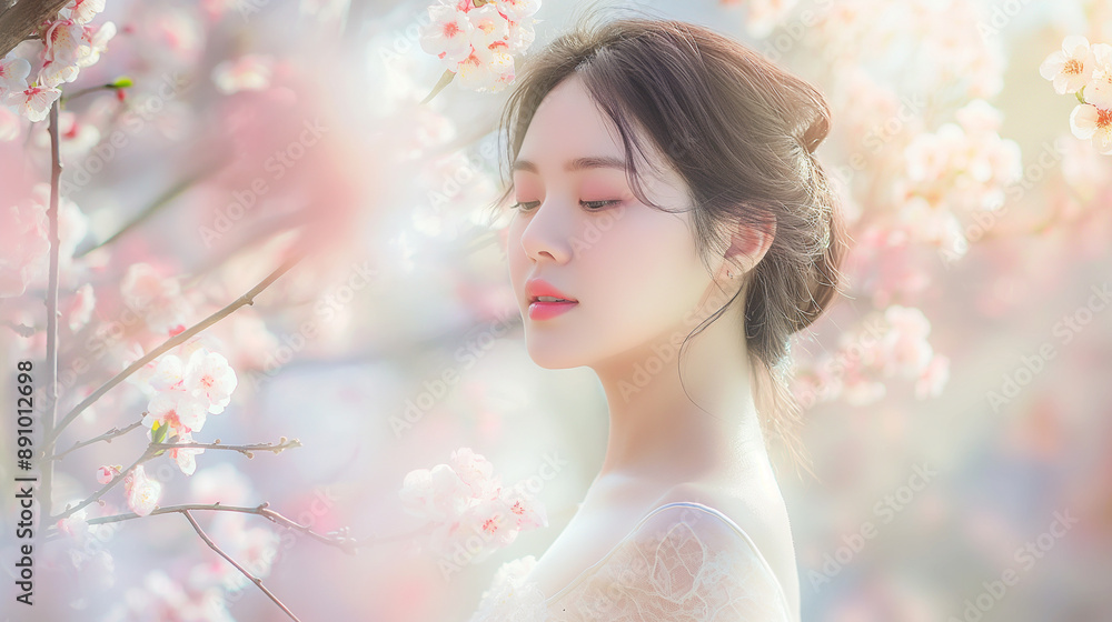 Young Asian woman with cherry blossoms, soft, dreamy atmosphere.
Young Asian woman with cherry blossoms, soft, dreamy atmosphere.