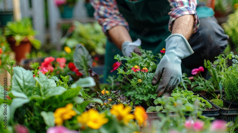 Obraz premium A gardener tending to plants in a backyard garden, colorful flowers and vegetables, green thumb