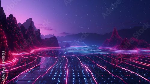 Futuristic digital landscape featuring neon light patterns forming sea mountains with streams of binary data flowing through 
