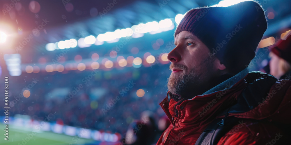Fototapeta premium A man wearing a beanie and red jacket watches a live soccer match in a stadium filled with lights and spectators.