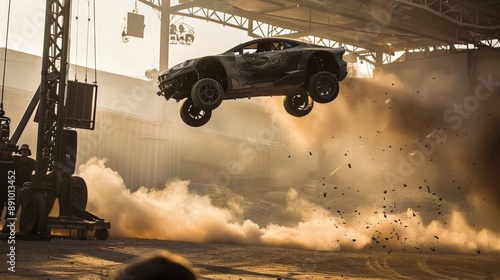 Stunt car performing a high-speed jump at a film set photo