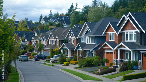 Wallpaper Mural Row of modern suburban homes along a quiet, tree-lined street with parked cars and well-manicured lawns. Torontodigital.ca