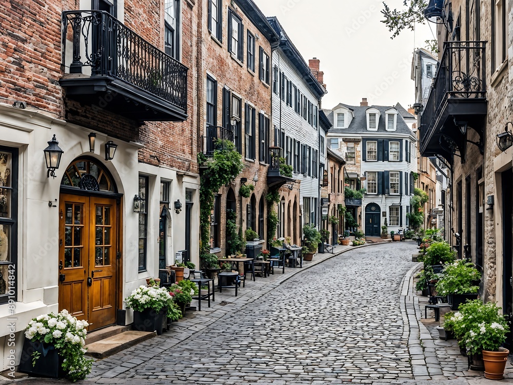 morning scene in a historic district, with charming architecture and cobblestone streets morning scene in a historic district, with charming architecture and cobblestone streets