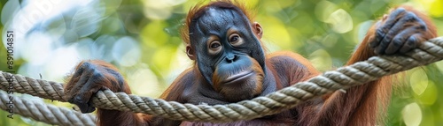 Orangutan playing with ropes in a junglethemed zoo, Animal Zoo Summer, Fun and Interactive photo