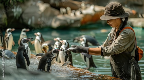 Zookeeper feeding fish to penguins in a summerthemed enclosure, Zookeeper Summer, Energetic and Cool photo