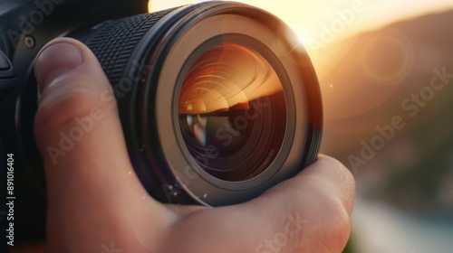 Photographer adjusting lens for the perfect shot, intricate camera details, beautiful landscape in the background, deep focus on the subject