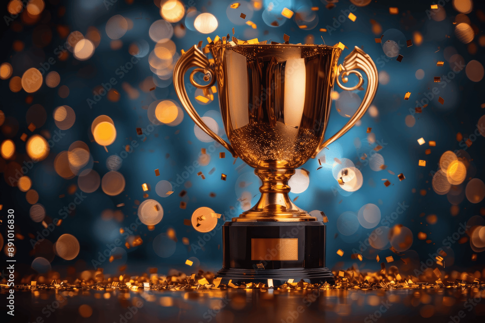 Golden Trophy Cup with Glittering Confetti on Dark Background Golden Trophy Cup with Glittering Confetti on Dark Background