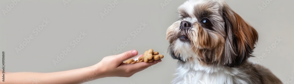 A Shih Tzu being fed treats, handdrawn, detailed and charming, isolated on white background A Shih Tzu being fed treats, handdrawn, detailed and charming, isolated on white background