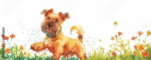 A Schnauzer playing in a sprinkler, cartoon style, bright and lively, isolated on white background