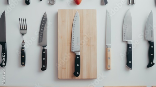 Symmetrically aligned culinary tools in a professional kitchen, with a central chef's knife on a pristine countertop, evoking a sense of order and readiness