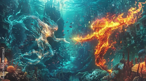 Ethereal beings of fire and water engaged in an elemental duel within a sunken cityscape adorned with ancient coral and bioluminescent creatures. © UMAR SALAM