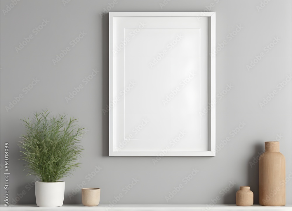 white frame mockup on a shelf with a plant and vases. white frame mockup on a shelf with a plant and vases.