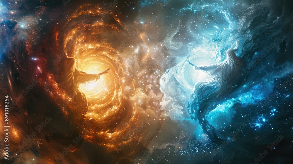 Ethereal beings of light and darkness engaged in a celestial dance ...