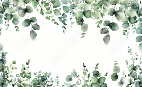 Watercolor Eucalyptus Leaves Border Greenery Illustration on White for Wedding Invitation and Stationery Design