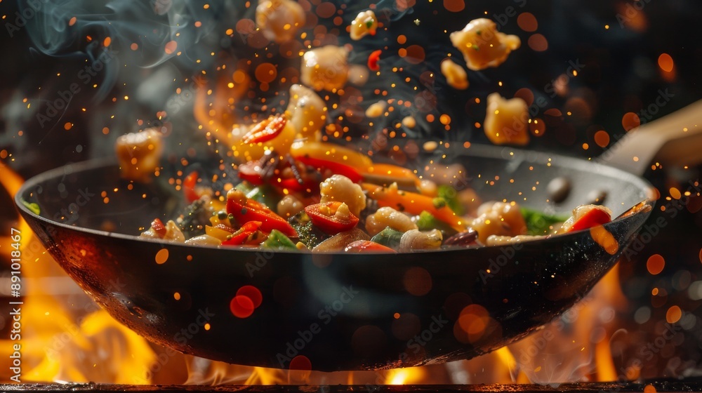A dynamic Freeze Motion of Wok Pan with Flying Ingredients A dynamic Freeze Motion of Wok Pan with Flying Ingredients