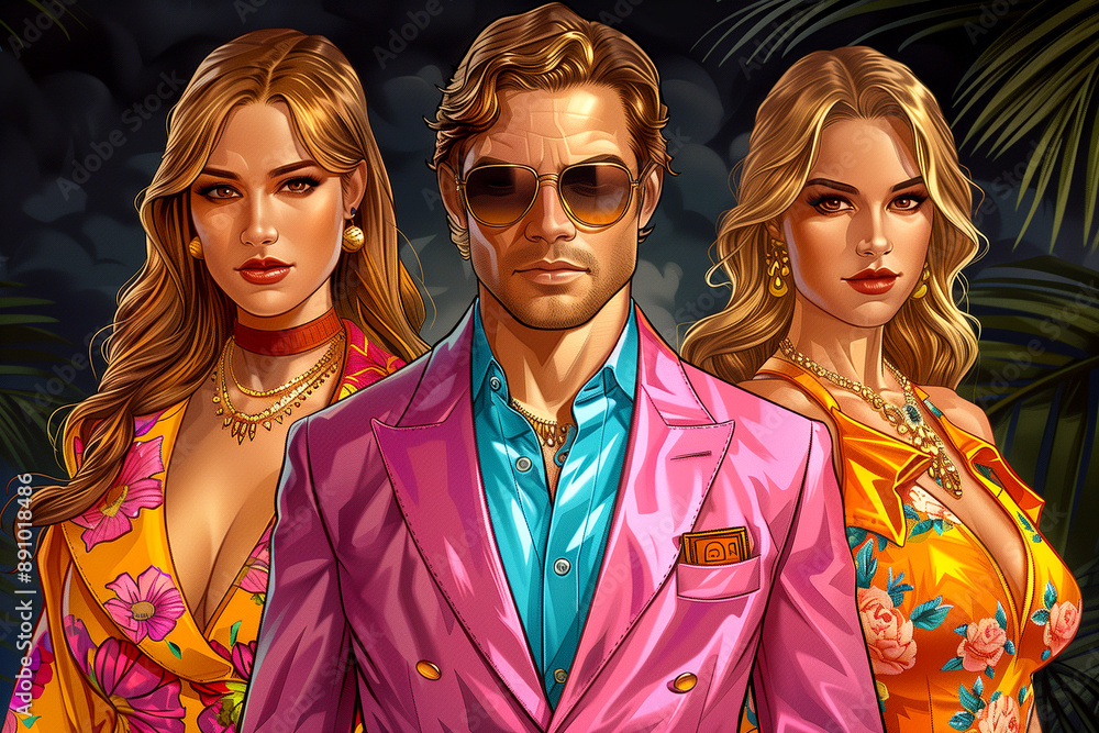 A man in a pink suit stands between two women in pink. The man is wearing sunglasses and a tie. The image has a playful and fun vibe A man in a pink suit stands between two women in pink. The man is wearing sunglasses and a tie. The image has a playful and fun vibe