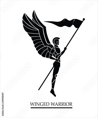 silhouette of winged guardian with flag