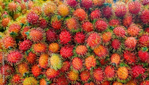 The background of rambutan fruit shows various ripe rambutan fruit filling the background, sales, promotions, wallpaper. photo