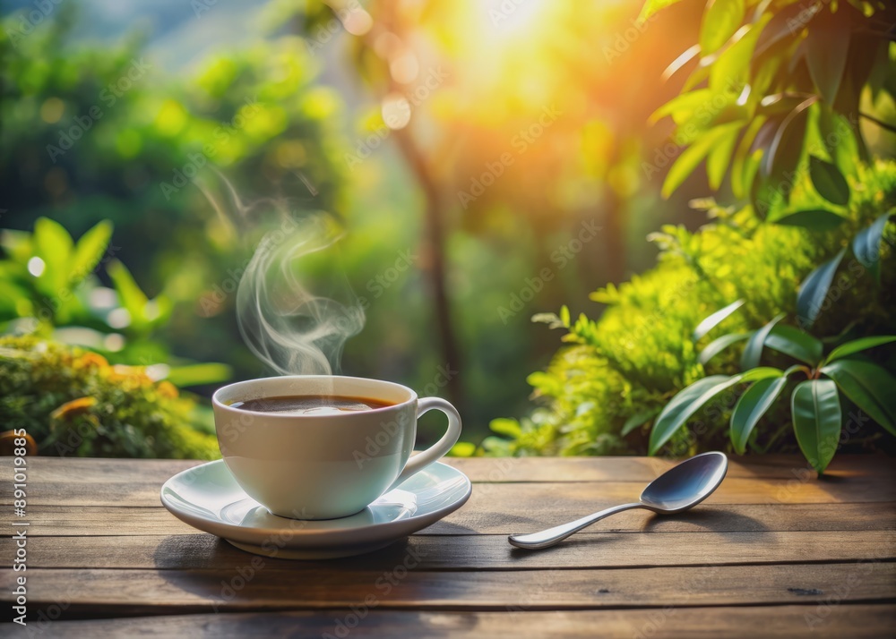 Cozy morning scene with steaming cup of hot coffee, saucer, and spoon on a rustic wooden table surrounded by lush greenery and warm sunlight. Cozy morning scene with steaming cup of hot coffee, saucer, and spoon on a rustic wooden table surrounded by lush greenery and warm sunlight.