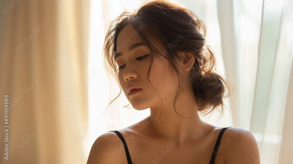 Young Asian woman in thoughtful pose, backlit by window light.
Young Asian woman in thoughtful pose, backlit by window light.
