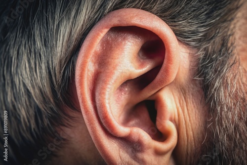 Macro shot of a human ear, highlighting the intricate details and texture of the earlobe, outer ear, and ear canal with subtle light and shadows. photo