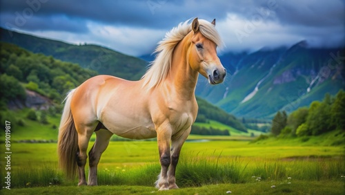 Obraz na plátně Majestic fjord horse with a shiny brown coat and muscular build stands proudly in a lush green meadow, showcasing its strength and elegant features
