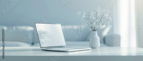 Wallpaper Mural A laptop is on a table next to a vase of flowers Torontodigital.ca