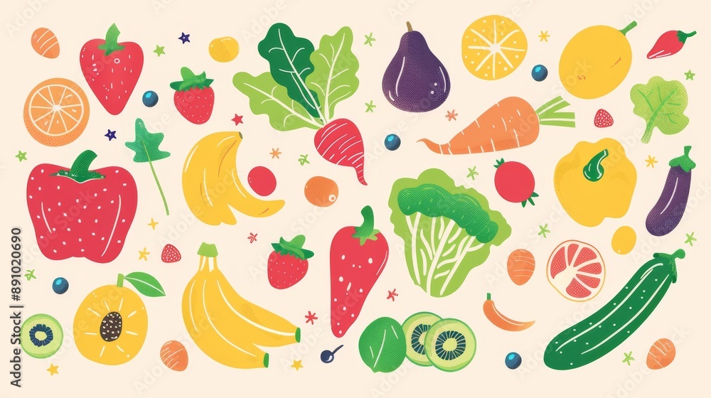 Flat food vector illustration showcasing an assortment of colorful vegetables and fruits in a decorative wallpaper style Flat food vector illustration showcasing an assortment of colorful vegetables and fruits in a decorative wallpaper style
