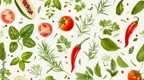 Wallpaper Mural Seamless design of various fresh herbs and spices on a light background with vector illustrations of leaves, fruits, and vegetables Torontodigital.ca