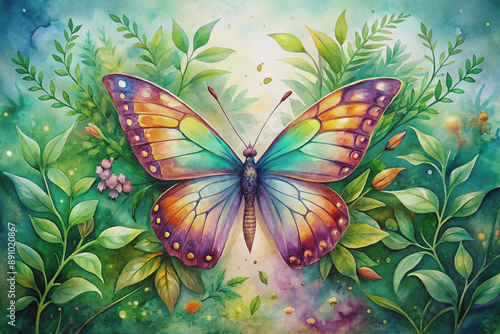 Vibrant watercolor illustration of a delicate butterfly with intricate wings, surrounded by lush greenery and soft, blended colors, evoking a sense of whimsy and freedom.