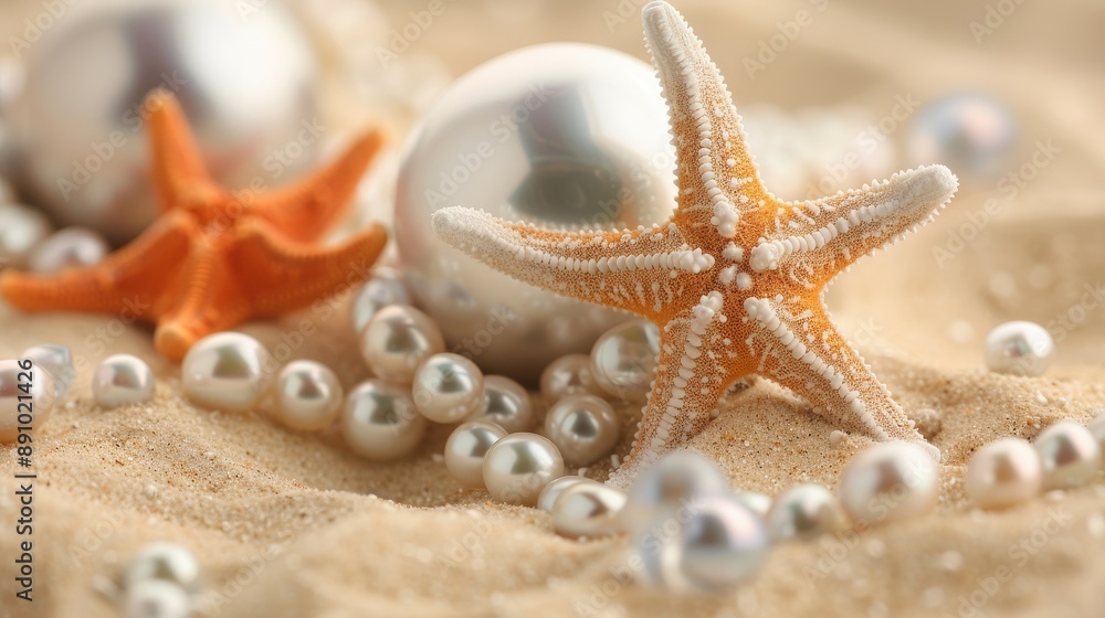 A starfish is on a beach with many small white pearls. The image has a serene and peaceful mood, as the starfish and pearls are arranged in a way that creates a sense of calmness and relaxation A starfish is on a beach with many small white pearls. The image has a serene and peaceful mood, as the starfish and pearls are arranged in a way that creates a sense of calmness and relaxation