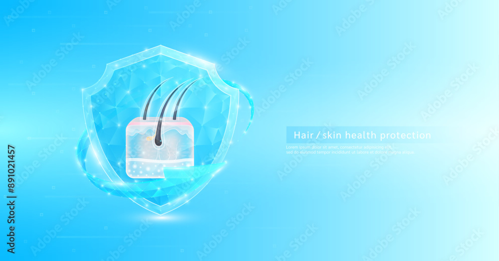 Fototapeta premium Hair skin style polygonal in shield glowing surrounded by blue arrows. Medical science protection symbol. Health care concept. Banner vector EPS10.