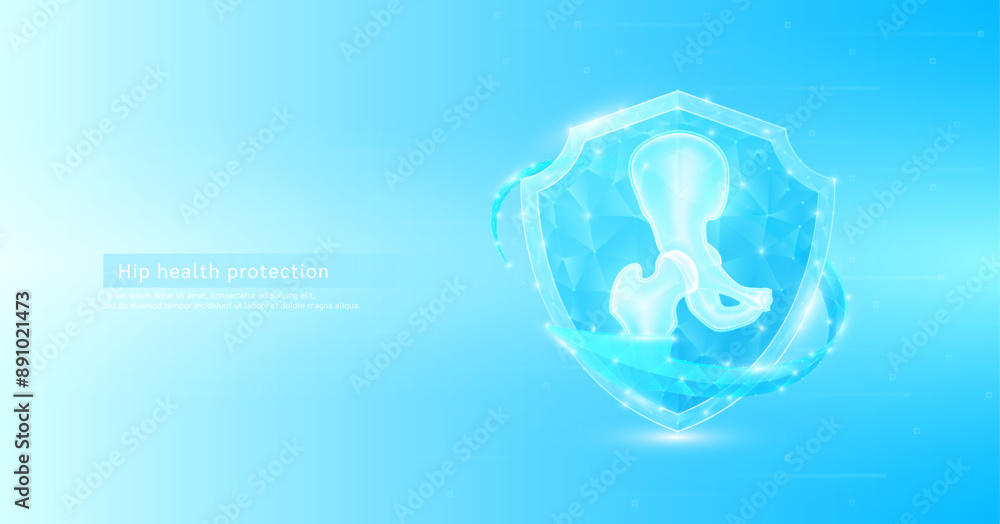 Obraz premium Hip joint bone style polygonal in shield glowing surrounded by blue arrows. Medical science protection symbol. Health care concept. Banner vector EPS10.