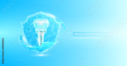 Dental implant style polygonal in shield glowing surrounded by blue arrows. Medical science protection symbol. Health care concept. Banner vector EPS10.
