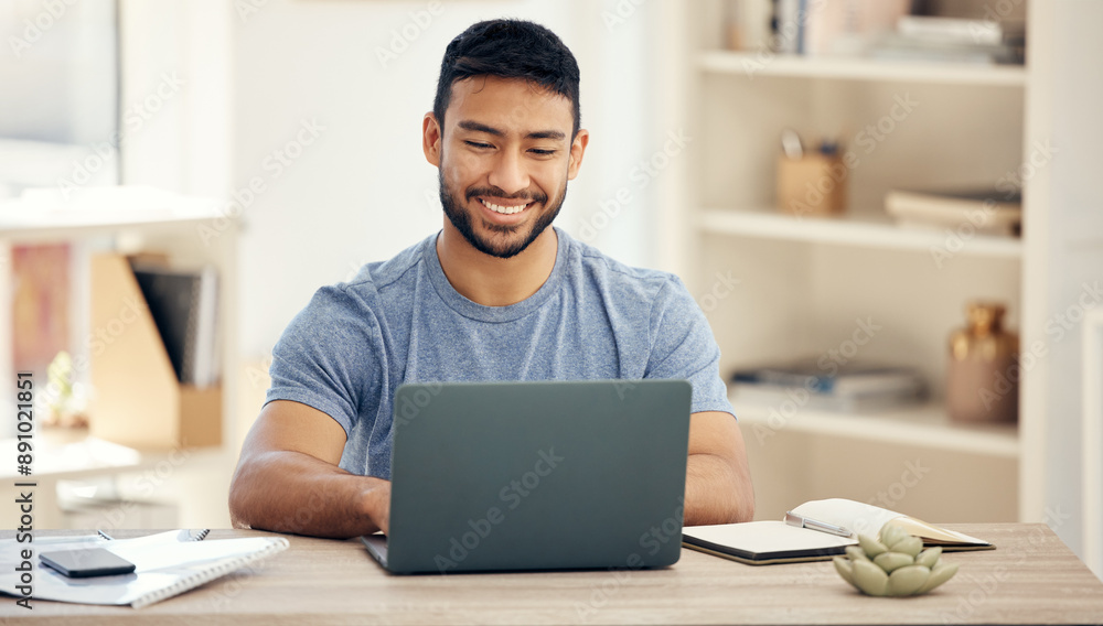 Smile, typing and man with laptop, online and virtual assistant in home office and notebook. Digital, employee and remote work for schedule of company, computer and reading of person in house Smile, typing and man with laptop, online and virtual assistant in home office and notebook. Digital, employee and remote work for schedule of company, computer and reading of person in house