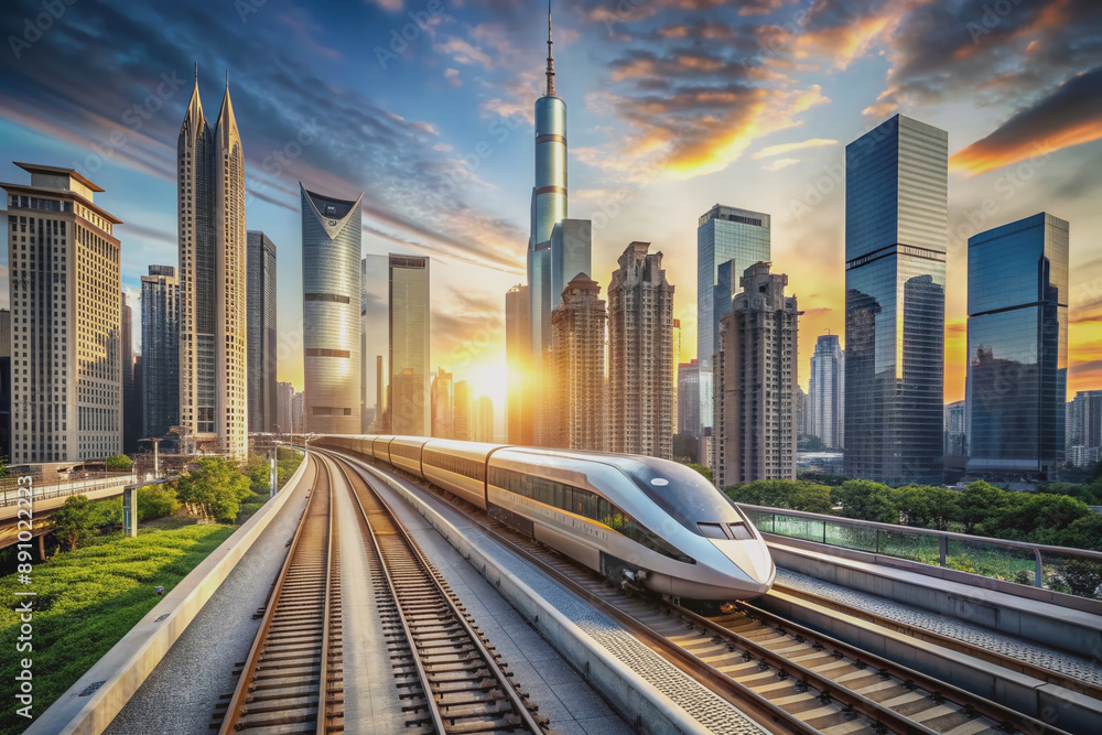 Fototapeta premium Modern high-speed train zooms through the city, its sleek silver body glistening in the sunlight, with towering skyscrapers and bustling urban landscape behind it.