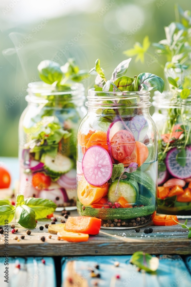 Three glass jars filled with vegetables and a few other items. The jars are arranged on a wooden table Three glass jars filled with vegetables and a few other items. The jars are arranged on a wooden table