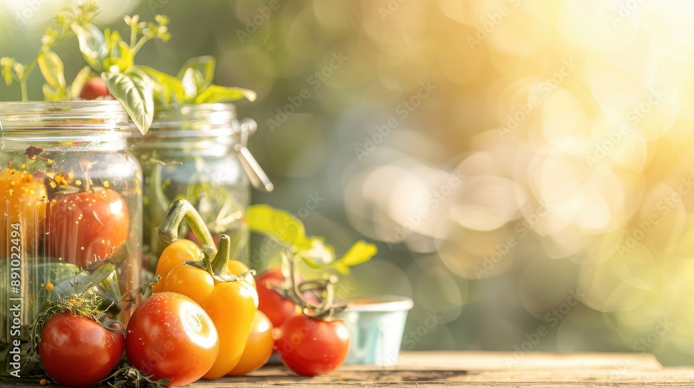 Three glass jars filled with vegetables and a few other items. The jars are arranged on a wooden table Three glass jars filled with vegetables and a few other items. The jars are arranged on a wooden table