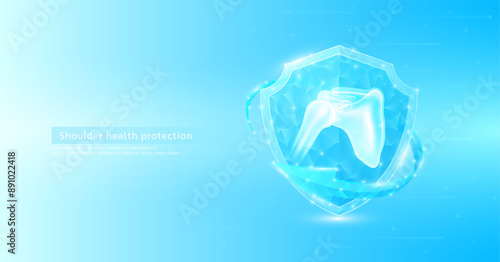 Shoulder joint bone style polygonal in shield glowing surrounded by blue arrows. Medical science protection symbol. Health care concept. Banner vector EPS10.