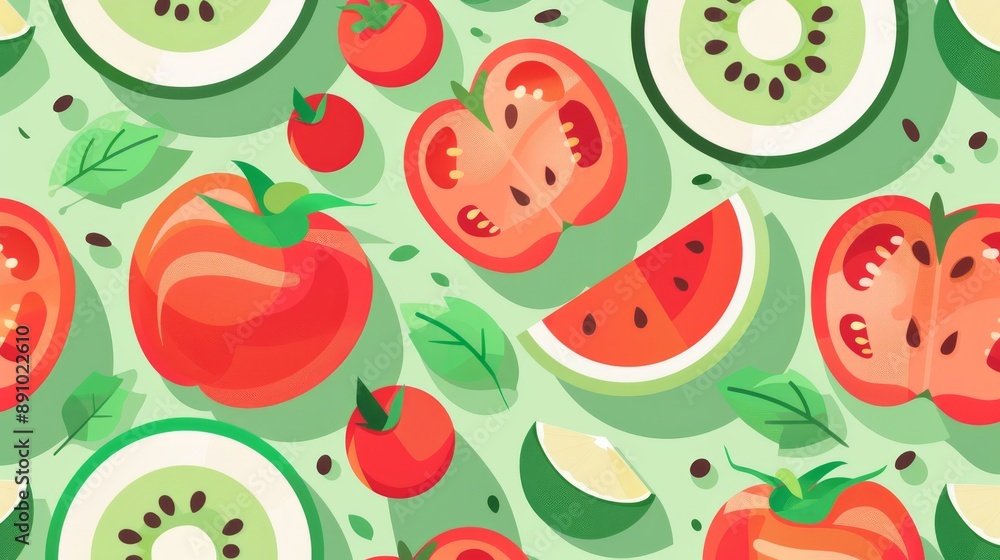 Decorative flat design of apples, tomatoes, and watermelon, arranged in a seamless pattern for a healthy diet theme Decorative flat design of apples, tomatoes, and watermelon, arranged in a seamless pattern for a healthy diet theme