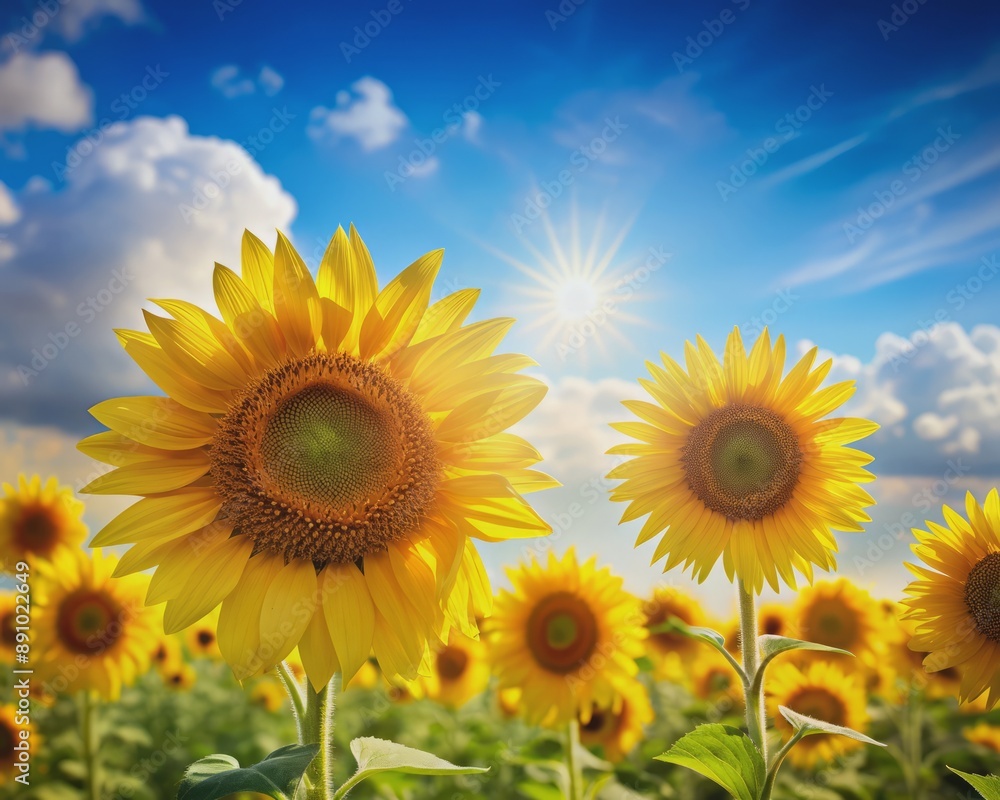 Vibrant sunflowers bloom against a soft blue sky, with a few petals gently swaying, and a large empty space around them, perfect for adding text or emotions. Vibrant sunflowers bloom against a soft blue sky, with a few petals gently swaying, and a large empty space around them, perfect for adding text or emotions.