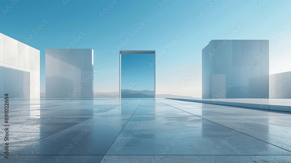 3D render of minimalistic concrete floor with white cube buildings under clear blue sky 3D render of minimalistic concrete floor with white cube buildings under clear blue sky