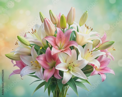 Delicate bouquet of fresh lily flowers in soft pastel hues on a gentle background, perfect for spring celebrations, holidays and special occasions, with copy space.