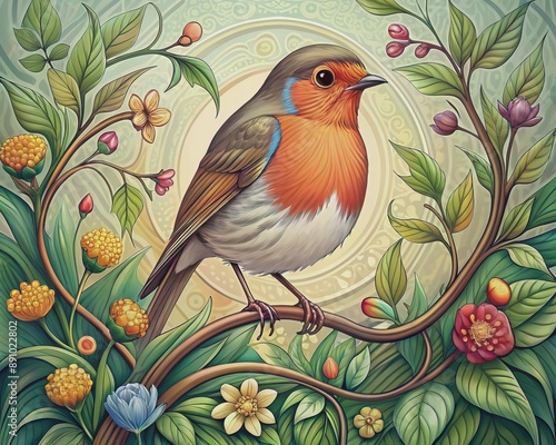 Delicate Art Nouveau illustration of a robin in profile, adorned with intricate flowers, vines, and foliage in a vibrant, whimsical nature-inspired backdrop.