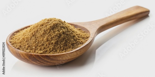 Warm and inviting ground cumin powder fills a rustic wooden spoon, isolated on a pristine white background, evoking aromas of exotic culinary delights.