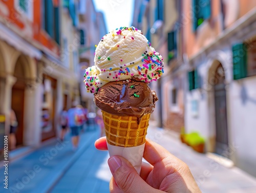 Hand Holding a Chocolate and Vanilla Ice Cream Cone on the Streets of Venice During Summertime, Captured in Cinematic Style with Blue Sky and Pastel Colors.Natural Light Enhances the Scene's Charm.